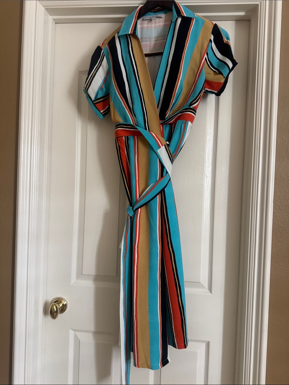 Striped Wrap Midi Dress in Teal, Mustard & Black — Women's
